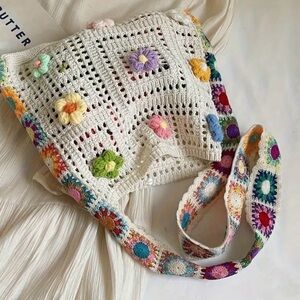 Crochet Flower Shoulder Bag, Knitted Crochet Bag, Granny Square Handbag